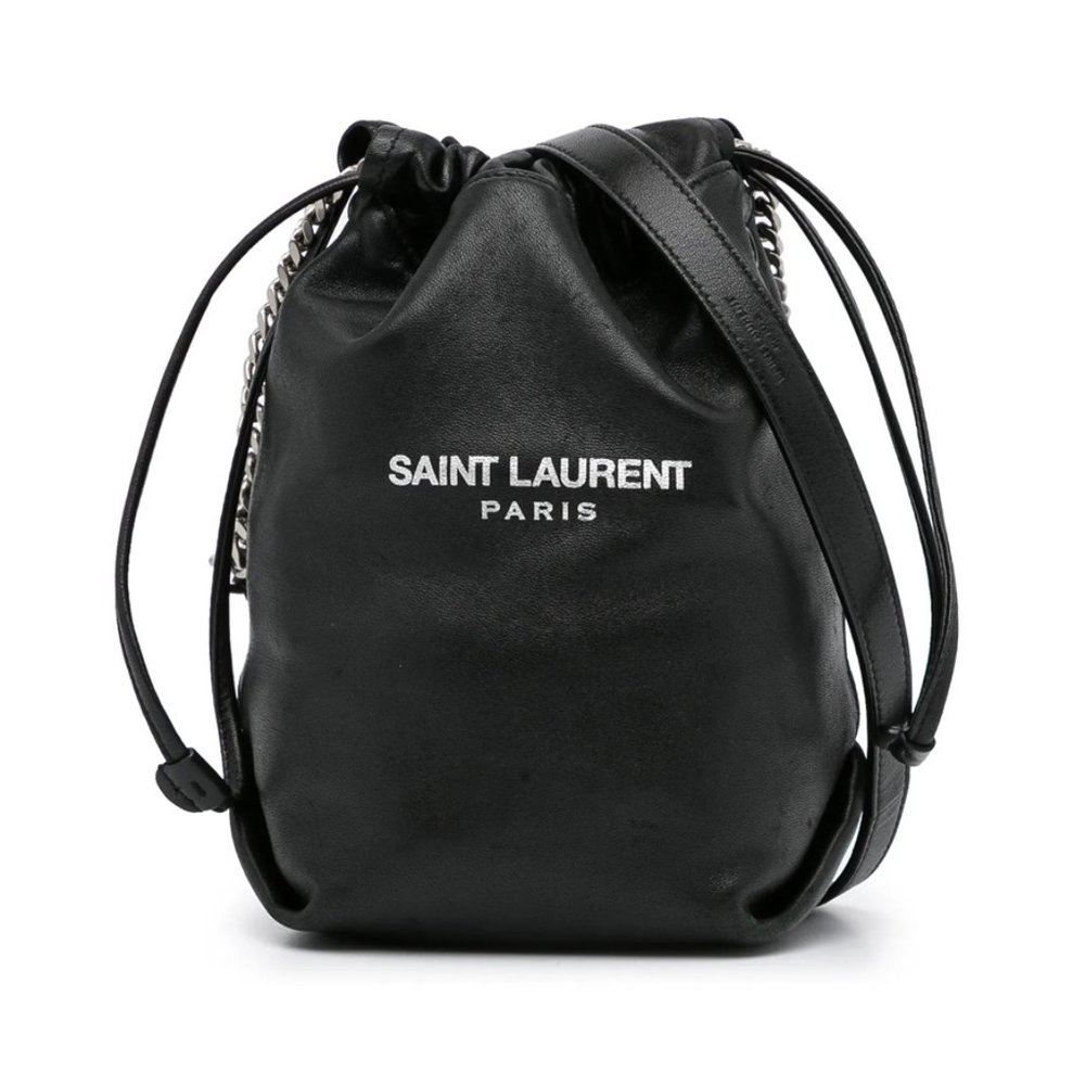 YSL Saint Laurent Teddy Black Calf Leather Bucket Bag with pouch